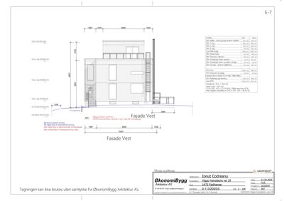 Fasadetegning som viser oppriss av bygningens vestside med mål og detaljer.
