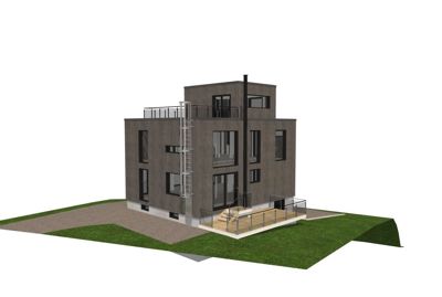 3D-visualisering av en moderne, fleretasjers bolig med fasade, vinduer, trapp og omgivelser.