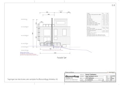 Fasadetegning (opprikk) av bygning sett fra sør, med mål og materialbeskrivelser.