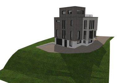 3D-visualisering av en moderne bolig sett fra et vinklet utsnitt, med omgivende terreng og beplantning.