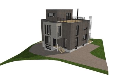 3D-visualisering av en moderne bolig sett fra et diagonalt perspektiv, inkludert fasade, takterrasse og omgivende terreng.