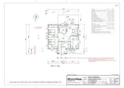 Etasjeplan (1. etg) med romfordeling, mål og arealoppsett for en bolig.