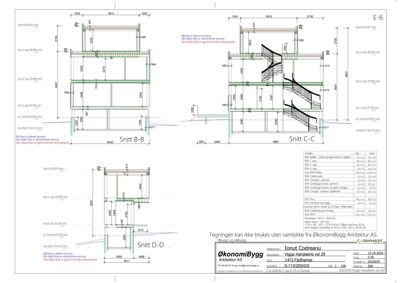 Snittegning (Snitt B-B, C-C og D-D) som viser bygningens tverrsnitt, konstruksjon og etasjer.