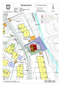 Situasjonsplan (D-1) som viser eiendommen 113/205 i forhold til nabolaget, med angivelse av tomtegrenser, eksisterende og planlagt bebyggelse samt topografi.