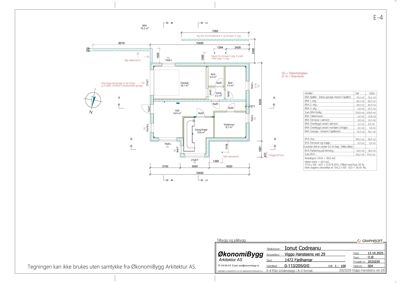 Etasjeplan (E-4) som viser romfordeling, dimensjoner og arealoppdelinger for et bygg.