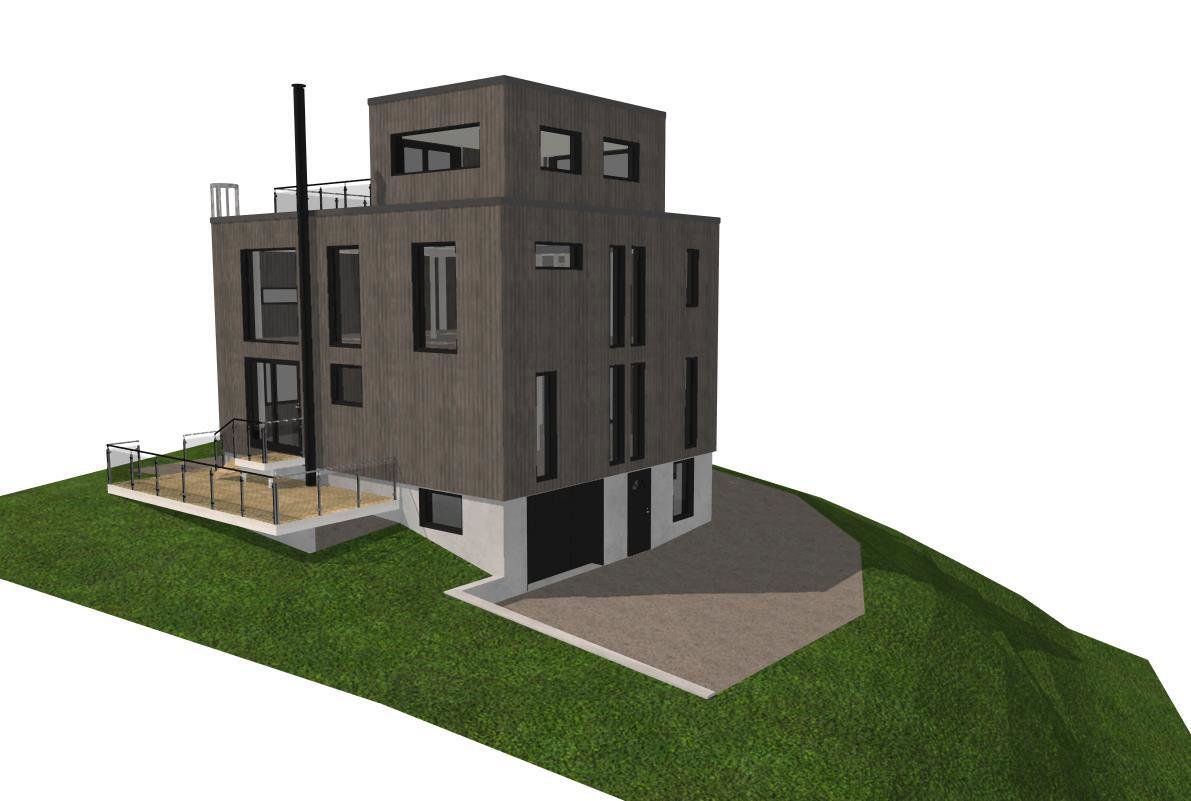 3D-visualisering av en moderne villa sett fra et vinklet utsnitt, med grønt terreng og tilhørende uteplasser.