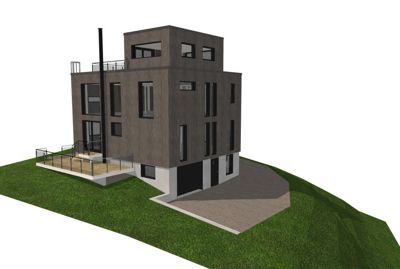 3D-visualisering av en moderne villa sett fra et vinklet utsnitt, med grønt terreng og tilhørende uteplasser.