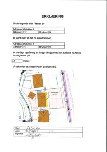 Situasjonsplan som viser tomtens grenser, eksisterende og planlagt bygning, samt avstand til felles tomtegrense.