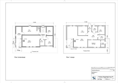 Plantegning som viser romfordeling og arealer for underetasjen og 1. etasje av en bygning.