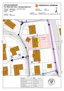 Situasjonskart for et tiltak etter plan- og bygningsloven, som viser tomtens grenser, nabobebyggelse, vernetoner og arealdata.