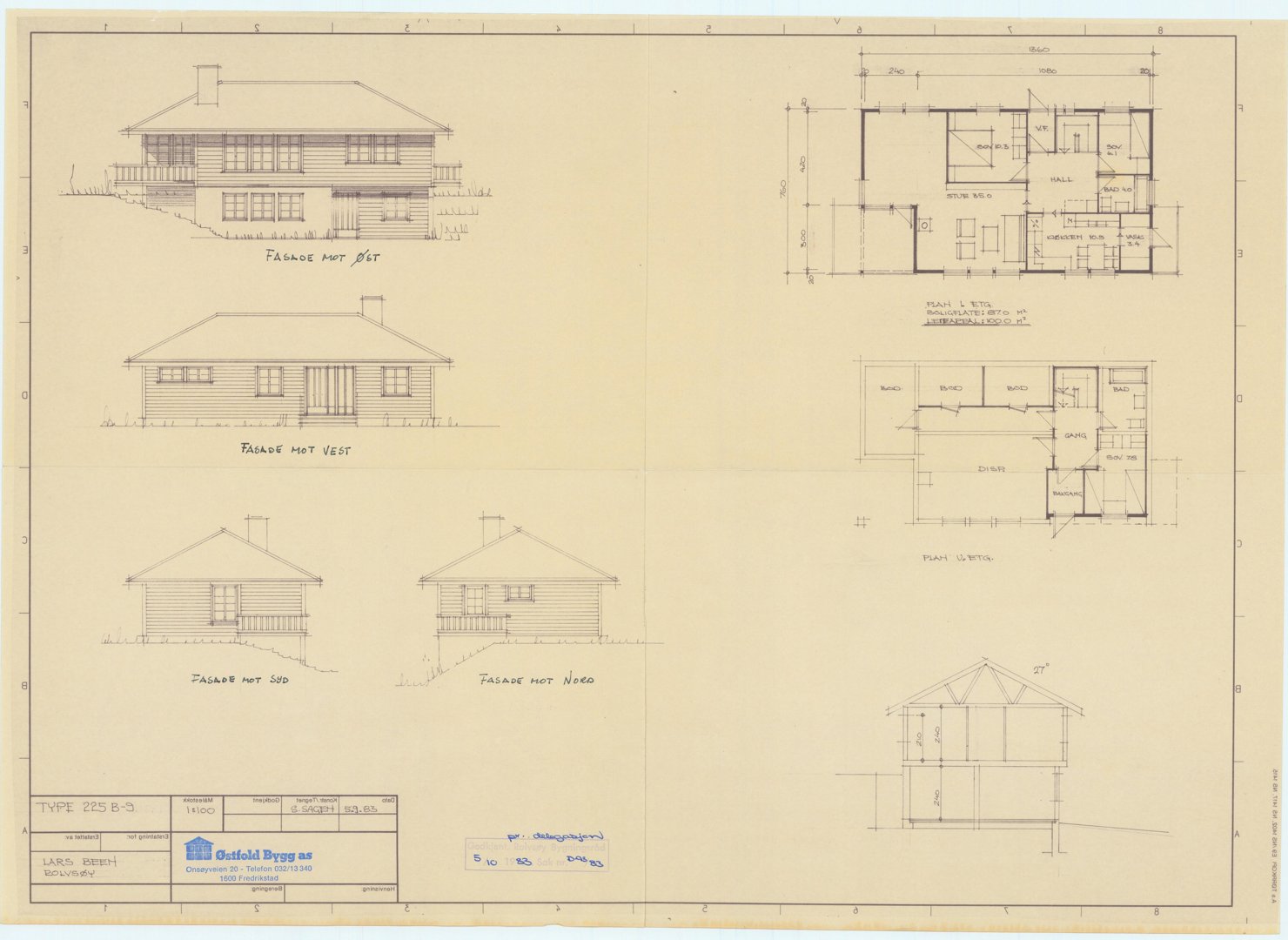 En tegning som viser fasadeoppsett for en bolig (mot SØ, VEST, SØR, NORD) samt et snitt og et etasjeplan.