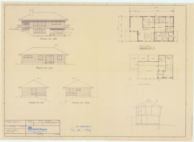 En tegning som viser fasadeoppsett for en bolig (mot SØ, VEST, SØR, NORD) samt et snitt og et etasjeplan.