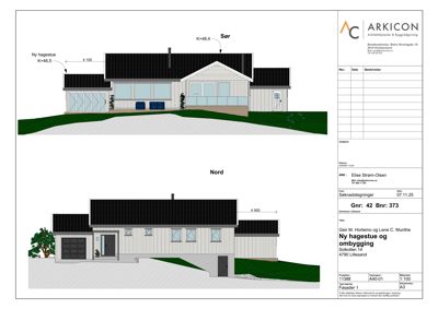 Fasadetegning som viser bygningens utseende fra to sider (Sør og Nord) med mål og høydeangivelser.