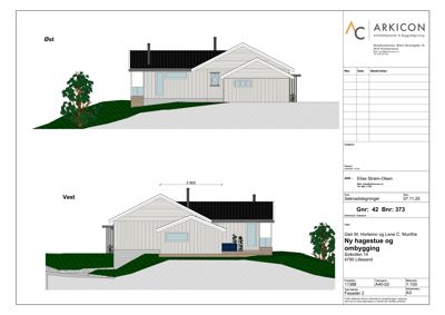 Fasadetegning som viser bygningens utseende fra øst og vest med detaljer om materialer, takform og terreng.