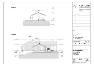 Snittegning (Snitt A1 og Snitt A2) som viser tverrsnitt gjennom en planlagt bygning med høydemål og konstruksjonsdetaljer.