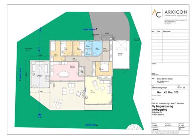 Etasjeplan (1. etasje) som viser romfordeling, mål og arealer for en ny hagestue og ombygging.