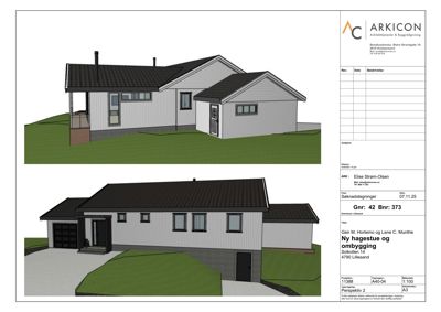 3D-visualisering (perspektivtegning) av en planlagt bolig med to utsnitt: et fra siden og et fra fronten.
