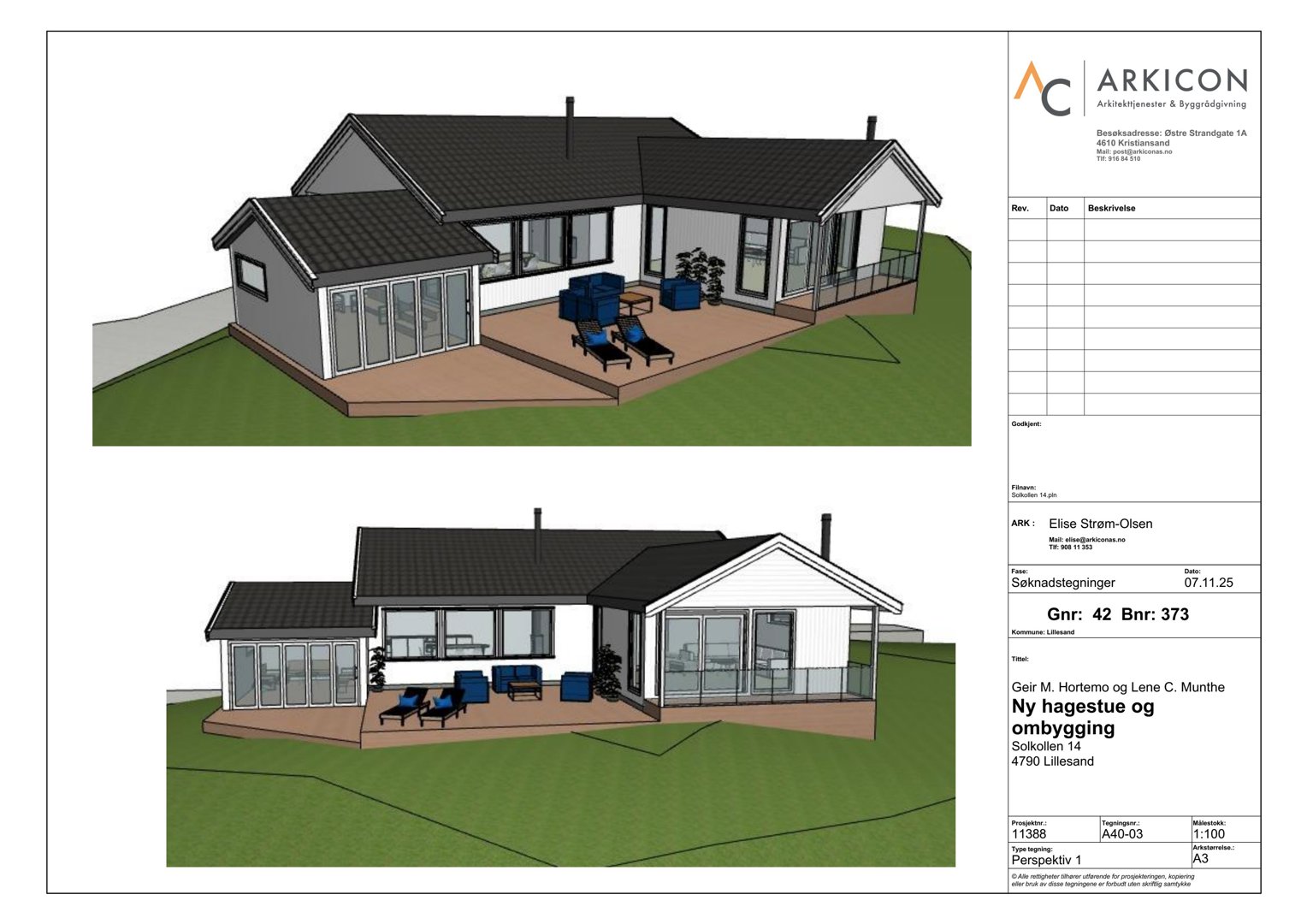 3D-visualisering (perspektivtegning) av en planlagt eller ombygd bolig med utvendig utsmykning.