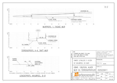 Snittegning av terrengprofil og fasademur (MURPROFIL 1, TERRENGPROFIL A-A, LENGDEPROFIL AVKJØRSEL, B-B).