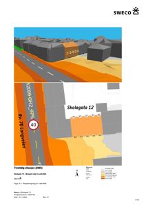 Situasjonsplan som viser fremtidig støyberegning for veitrafikk i 2035, med fargekoding for støyområder og veisystem.