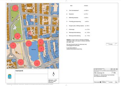 Situasjonsplan (kartutsnitt) som viser bygningsplassering i forhold til omgivelsene, inkludert gater, parker og andre arealer.