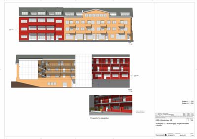 Bildet viser fasadetegninger for en boligbygning, inkludert et utsnitt sett fra sør og nord, samt en 3D-perspektivvisning av bakgården.