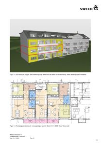 Bildet viser to tegninger: en 3D-visning av bygget og en detaljert etasjeplan (plan 2) med romfordeling og mål.