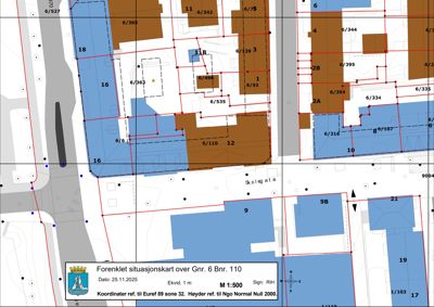 Foreslått situasjonskart som viser tomtegrenser, bygningstall og eiendomsnummer.