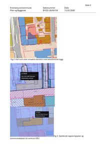 Bildet viser to kart som illustrerer eiendomsgrenser, eksisterende bygg og reguleringsplaner i Kristiansund kommune.
