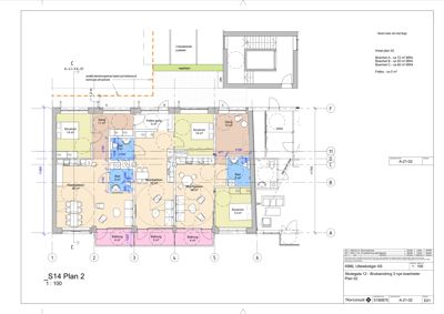 Etasjeplan (Plan 2) for en bygning med romfordeling, mål og arealoppsett.