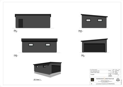 Fasadetegning som viser bygningens utsyn fra alle fire sider (Øst, Vest, Nord, Sør) samt en 3D-visning.