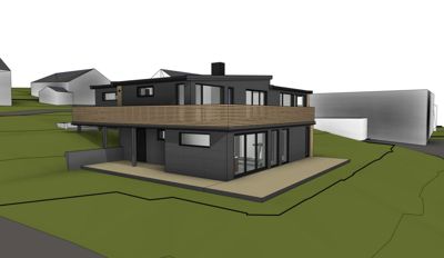 3D-visualisering av en moderne toetasjes bolig sett fra utsiden, inkludert omgivende terreng og naboer.