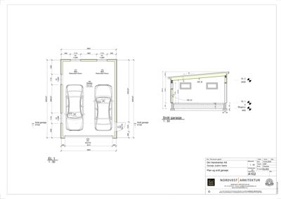 Bildet viser en snittegning (snitt) av en garasje. Den venstre delen viser etasjeplan (Et. 1) med to biler og en reduseringsrom, mens den høyre delen viser fasadeopprikk (Et. 1 og Et. 2) med vinduer og takhøyder.