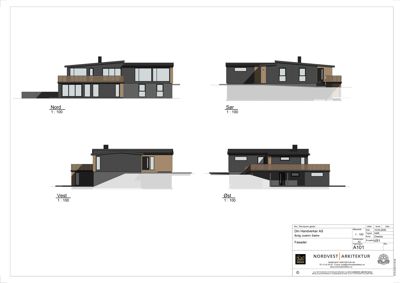 Fasadetegning som viser bygningens utseende fra fire sider (Nord, Sør, Vest, Øst) med målstokk 1:100.