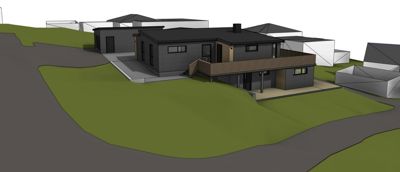 3D-visualisering av en moderne bolig med tilhørende garasje og omgivelser, inkludert nabolagshus i bakgrunnen.