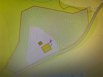 Situasjonsplan som viser tomtens grenser (rød linje), høydeforhold (konturlinjer), eksisterende eller planlagt bebyggelse (gule felter), og tilgrensende vei (Bjørnansveien).