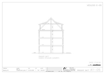 Prinsipp snitt (tverrsnitt) av en bygning sett fra siden, med angitte høyder og etasjer.
