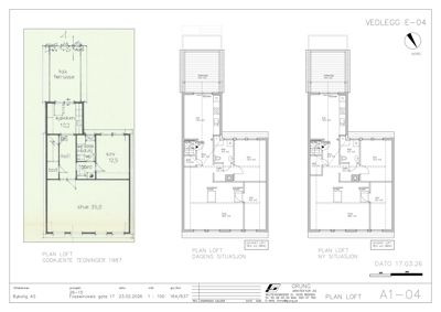 Bildet viser tre ulike planer for et loft (etasjeplan): den opprinnelige tegningen fra 1987, dagens situasjon og ny situasjon.