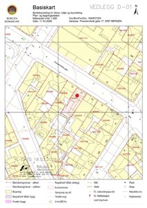 Situasjonsplan (Basiskart) som viser eiendomsgrenser, bygninger, veier og infrastruktur i området rundt FossWinckels gate 17.