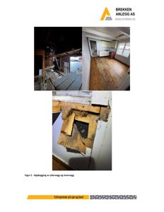 Fotografier av en bygning under oppbygging eller renovering, inkludert et utsnitt av en utvendig vegg og et interiørutsnitt.