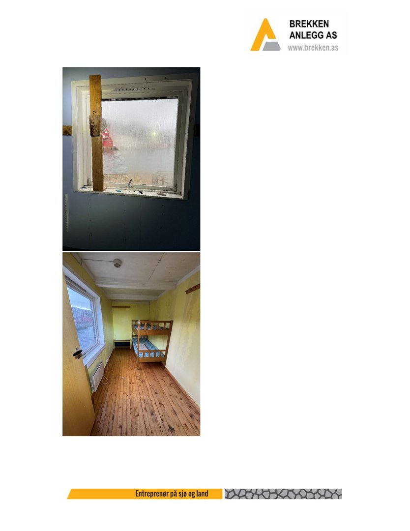 Fotografier av et rom under ombygging eller renovering, med vindu og senger synlig.