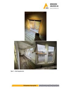 Fotografier av en eksisterende bygning som viser et vindu med enkelt lag glassruter og en lang gang eller rom med vinduer.