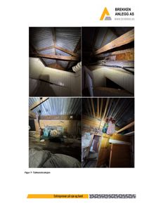 Fotografier av takkonstruksjon i en bygning, inkludert takbjelker, takplater og en ventilator.