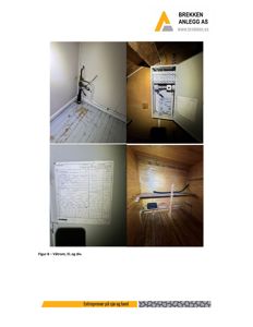 Et sammensatt fotografi (collage) som viser installasjoner i et rom, inkludert rør, elektrisk skap og et dokument på veggen.