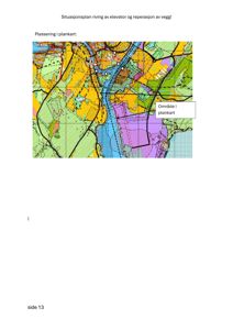 Situasjonsplan som viser plassering av et område i forhold til nabolag, vegger og andre arealer.