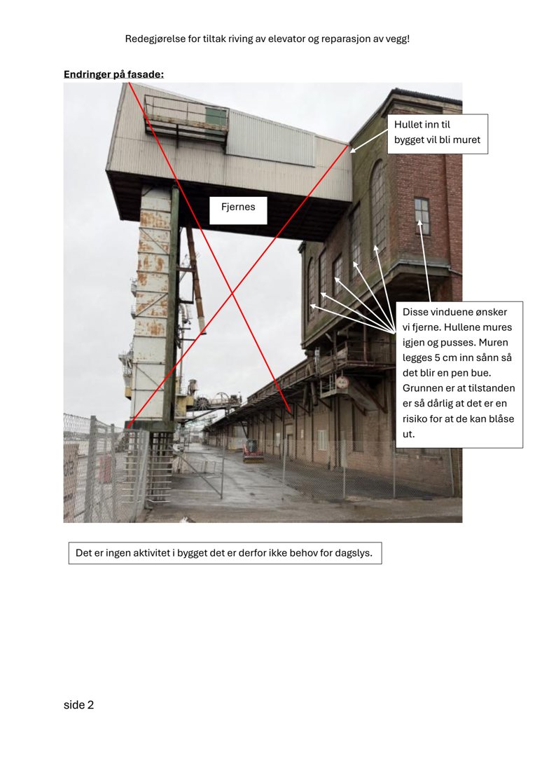 Fotografi av en bygning med overlagte tekstbokser og røde streker som illustrerer planlagte endringer på fasaden.