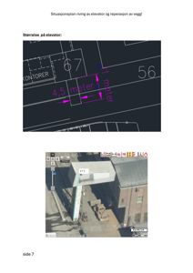 Dokumentet viser en situasjonsplan for riving av en elevator og reparasjon av vegger. Det inneholder en tegnet plan med mål (4,5 meter og 11 meter) og en flyfoto/orthofoto som viser bygningens plassering i terrenget.