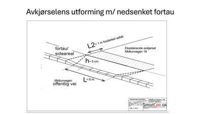 Tegning som viser detaljert utforming av en avkjørsel med nedsenket fortau, inkludert mål og overgangshøyde.