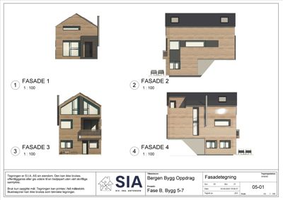 Fasadetegning som viser fire ulike sider (1-4) av en planlagt bygning med mål 1:100.