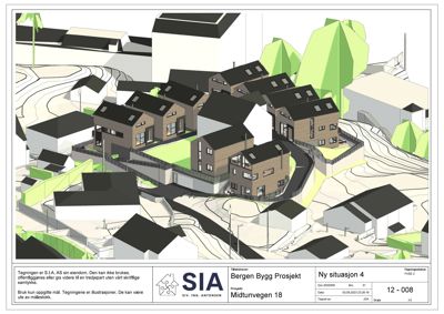 Situasjonsplan (fase 2) som viser plassering av nye boliger i forhold til eksisterende bebyggelse og terreng.